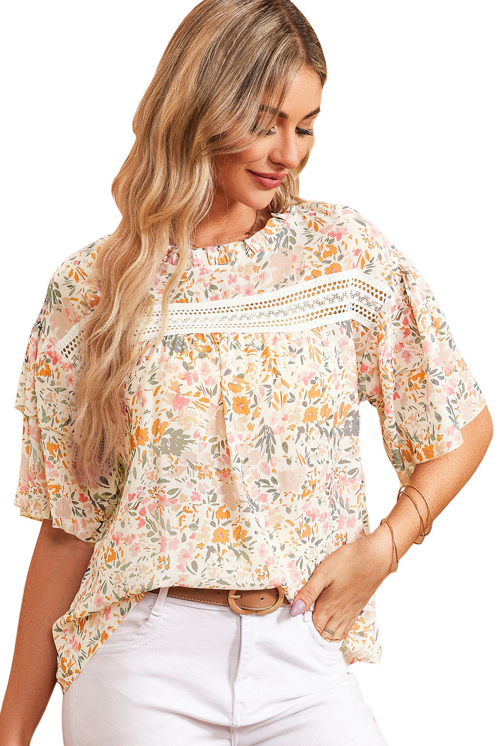 Floral Print Wide Ruffle Blouse featuring wide ruffle sleeves and lace splicing details, perfect for warm weather.