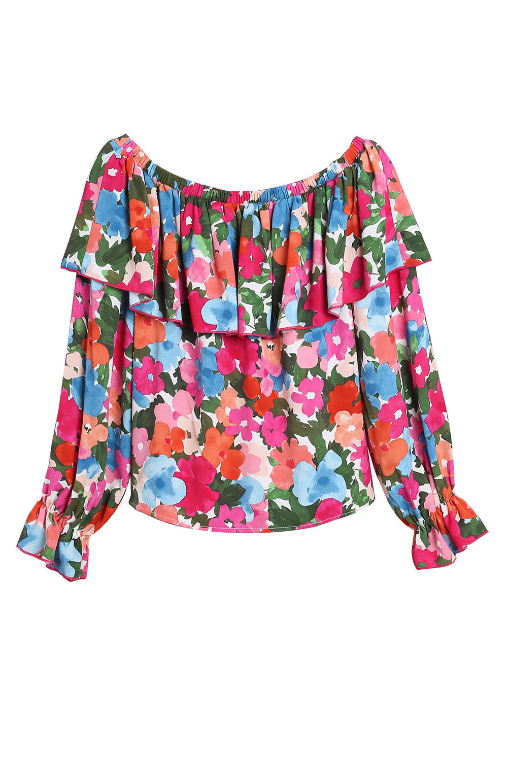 A stylish Floral Ruffled Off Shoulder Blouse featuring a vibrant floral print and elegant ruffles, perfect for various occasions.