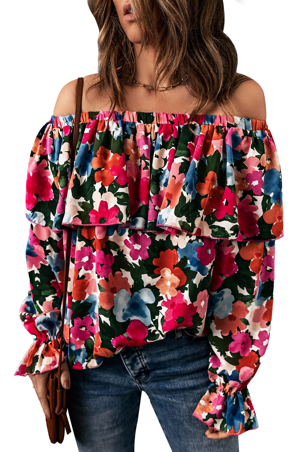 A stylish Floral Ruffled Off Shoulder Blouse featuring a vibrant floral print and elegant ruffles, perfect for various occasions.