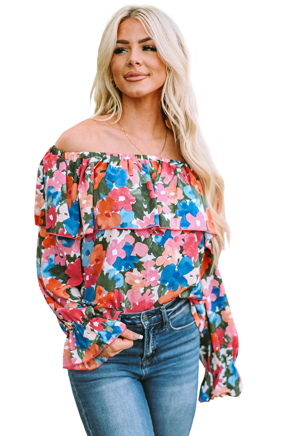 A stylish Floral Ruffled Off Shoulder Blouse featuring a vibrant floral print and elegant ruffles, perfect for various occasions.