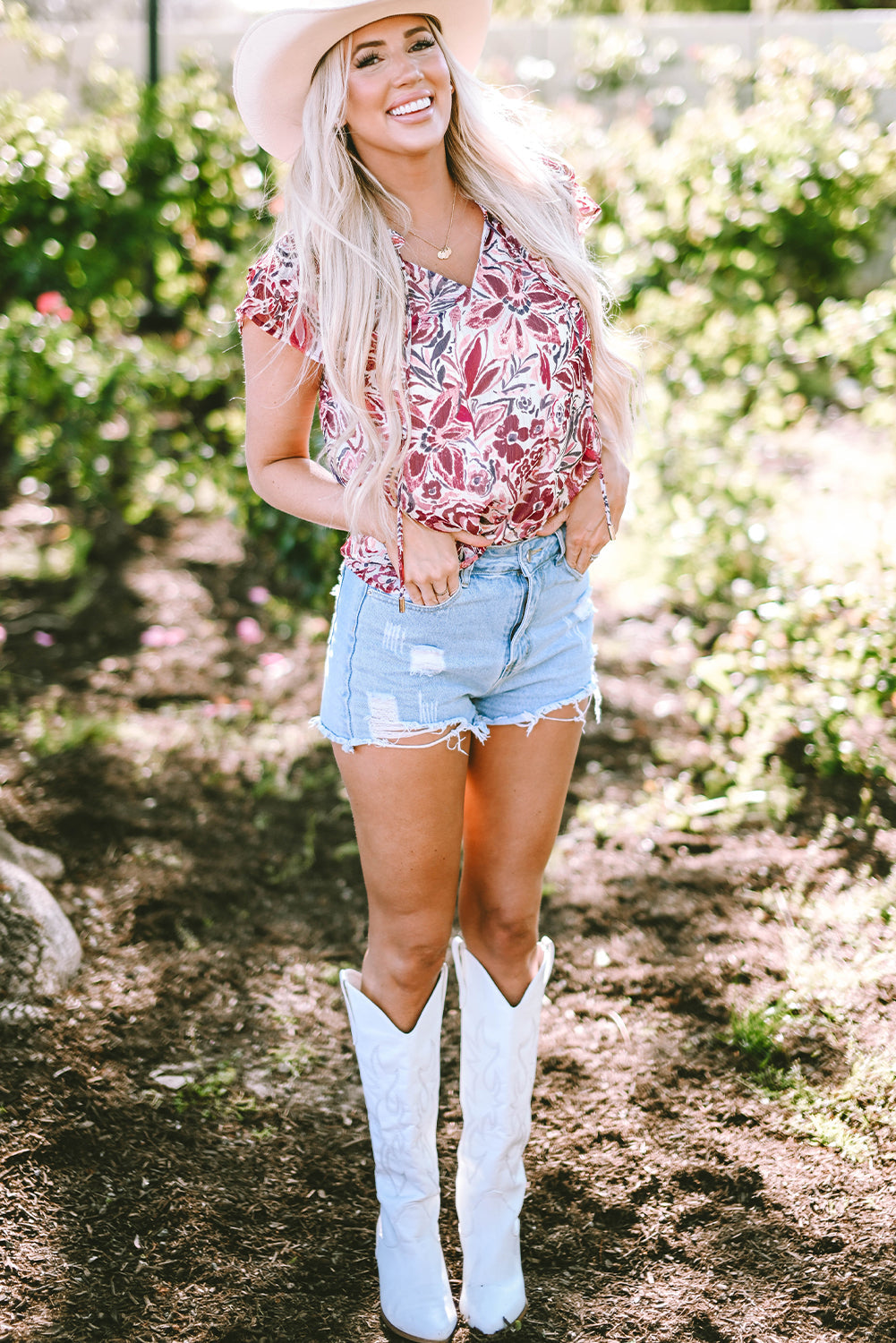 Main Floral Ruffled Short Sleeve V Neck Blouse image