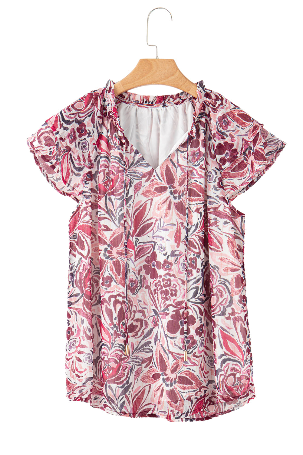 Floral Ruffled Short Sleeve V Neck Blouse in white with floral pattern, showcasing ruffle details and elegant design.