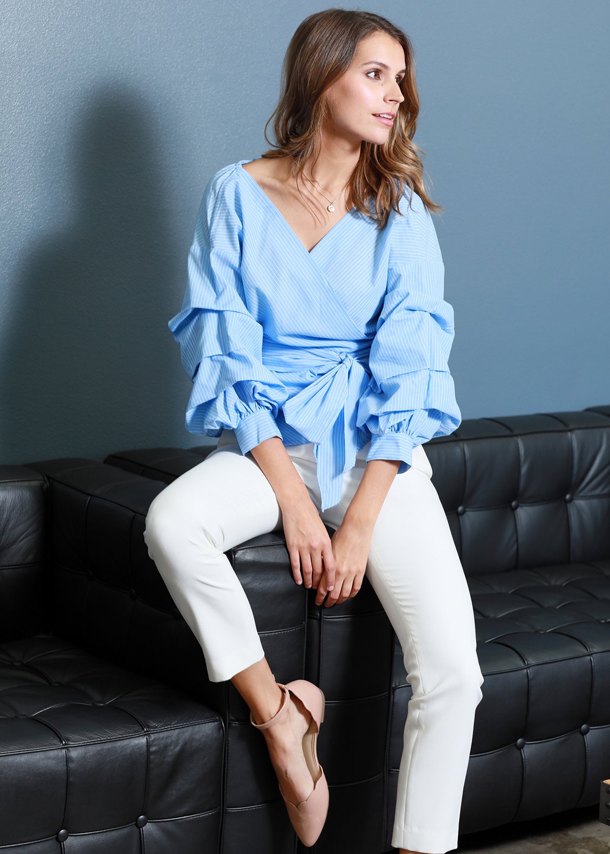 Gathered Sleeve Wrap Blouse in Blue featuring self-tie design and 3/4 gathered sleeves, perfect for stylish outfits.