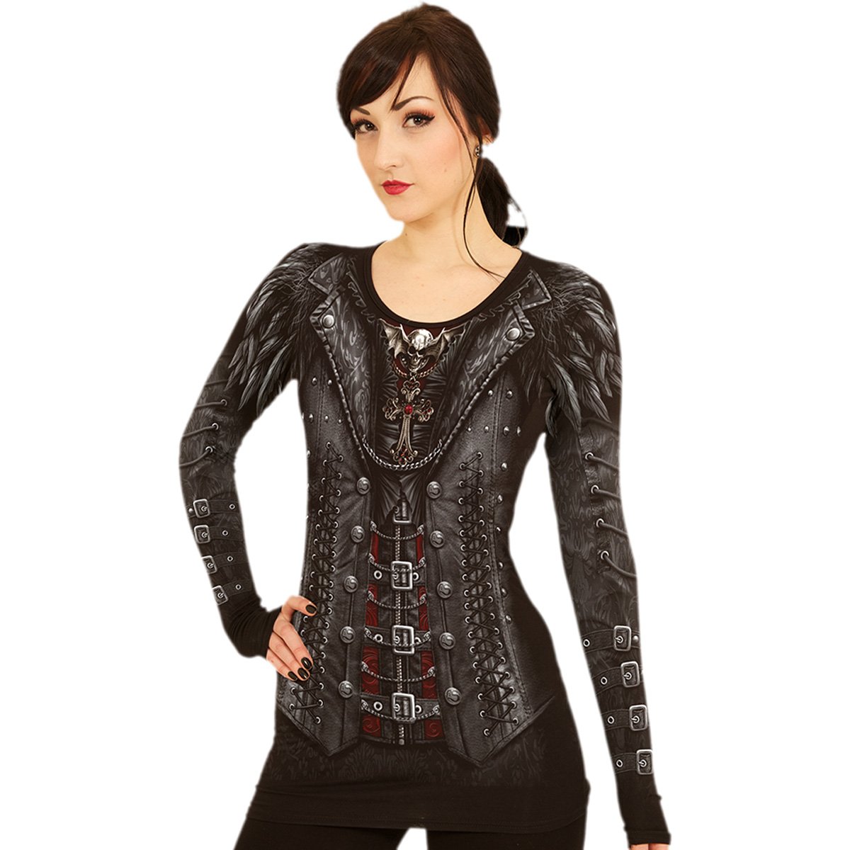 GOTHESS WRAP - All Over Baggy Top Black featuring corset design, lace detailing, and criss-cross back ribbons.