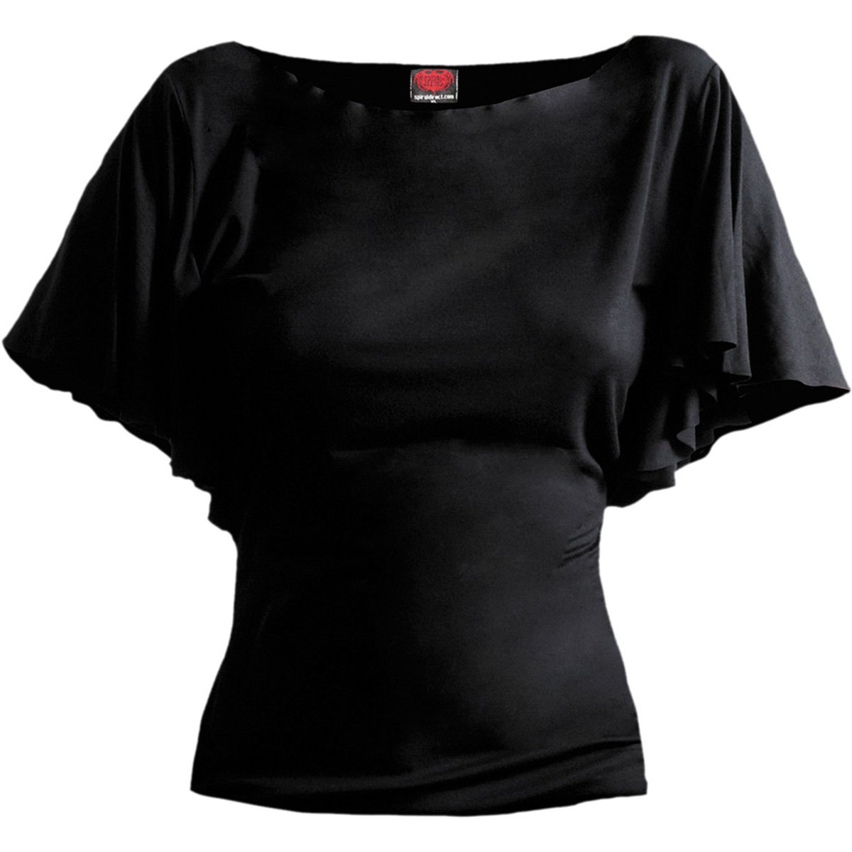 Gothic Elegance Boat Neck Bat Sleeve Top in Black, featuring a stylish boat neck and bat sleeves, made from soft viscose blend fabric.