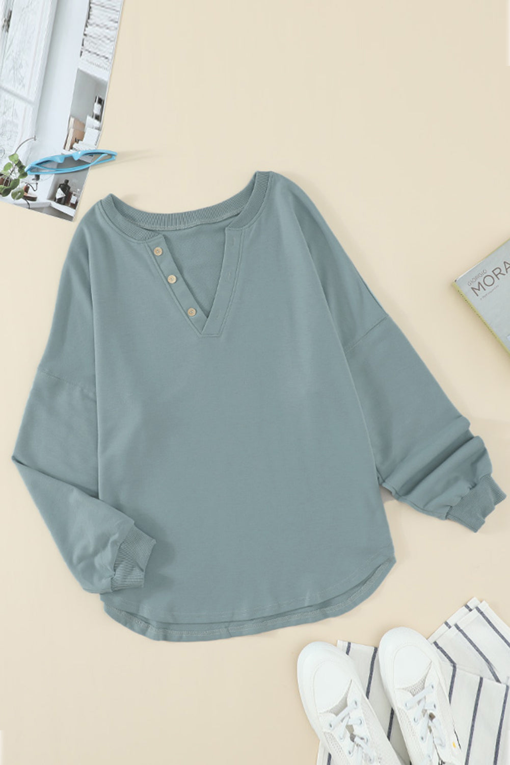 Green Buttoned V Neck Cotton Loose Fit Top featuring a stylish V-neckline, button-up design, and full sleeves, perfect for casual wear.