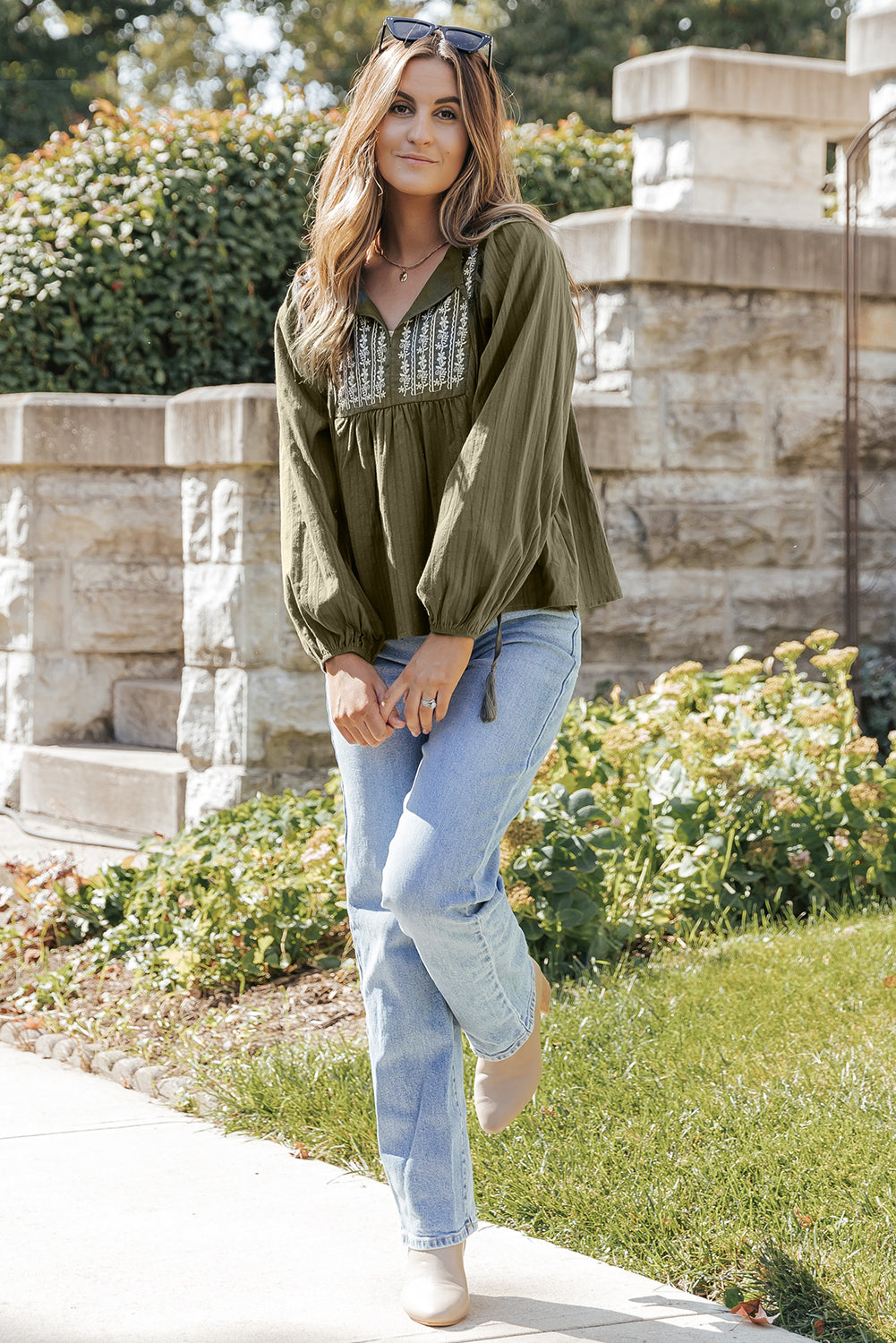 Green Split Neck Pleated Loose Blouse with floral embroidery and long sleeves, perfect for casual and formal occasions.