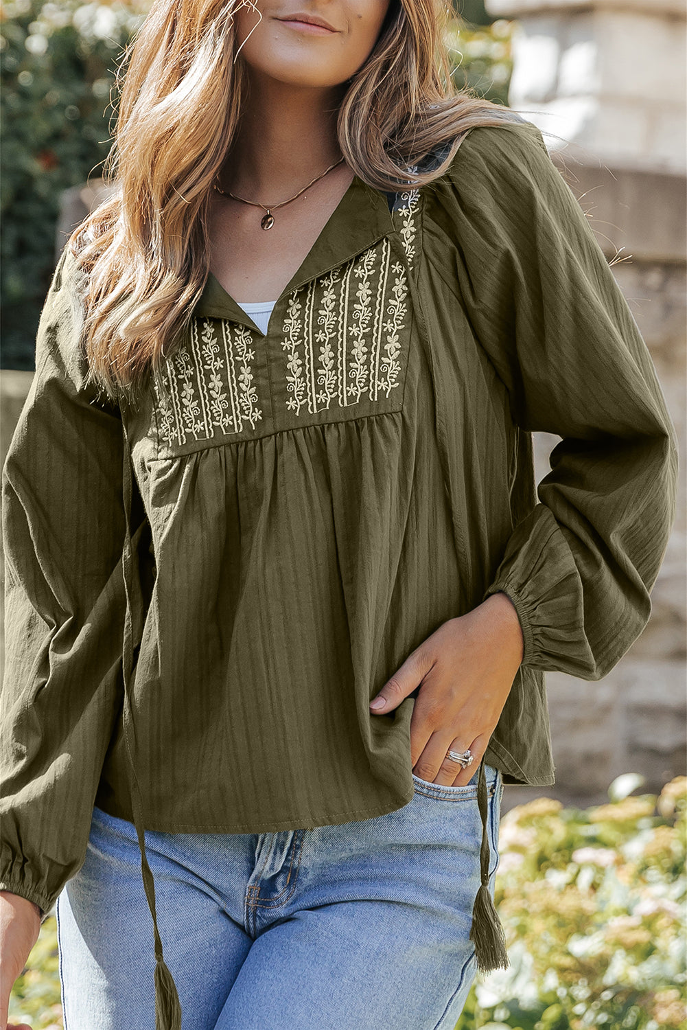 Green Split Neck Pleated Loose Blouse with floral embroidery and long sleeves, perfect for casual and formal occasions.