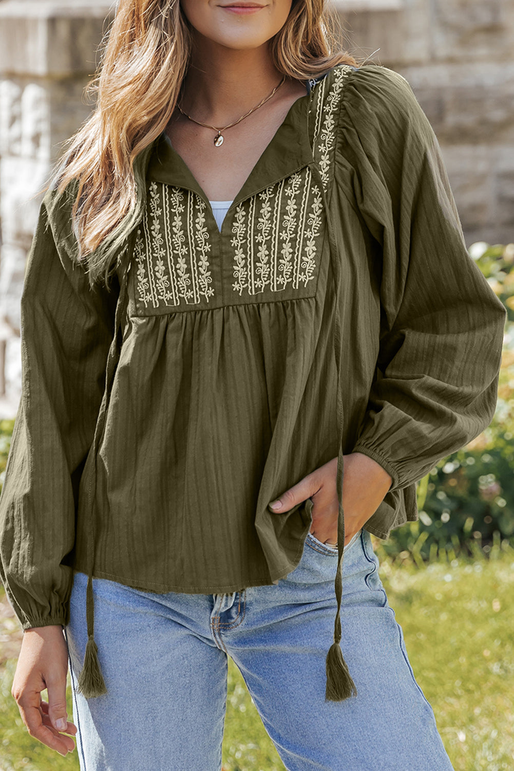 Green Split Neck Pleated Loose Blouse with floral embroidery and long sleeves, perfect for casual and formal occasions.