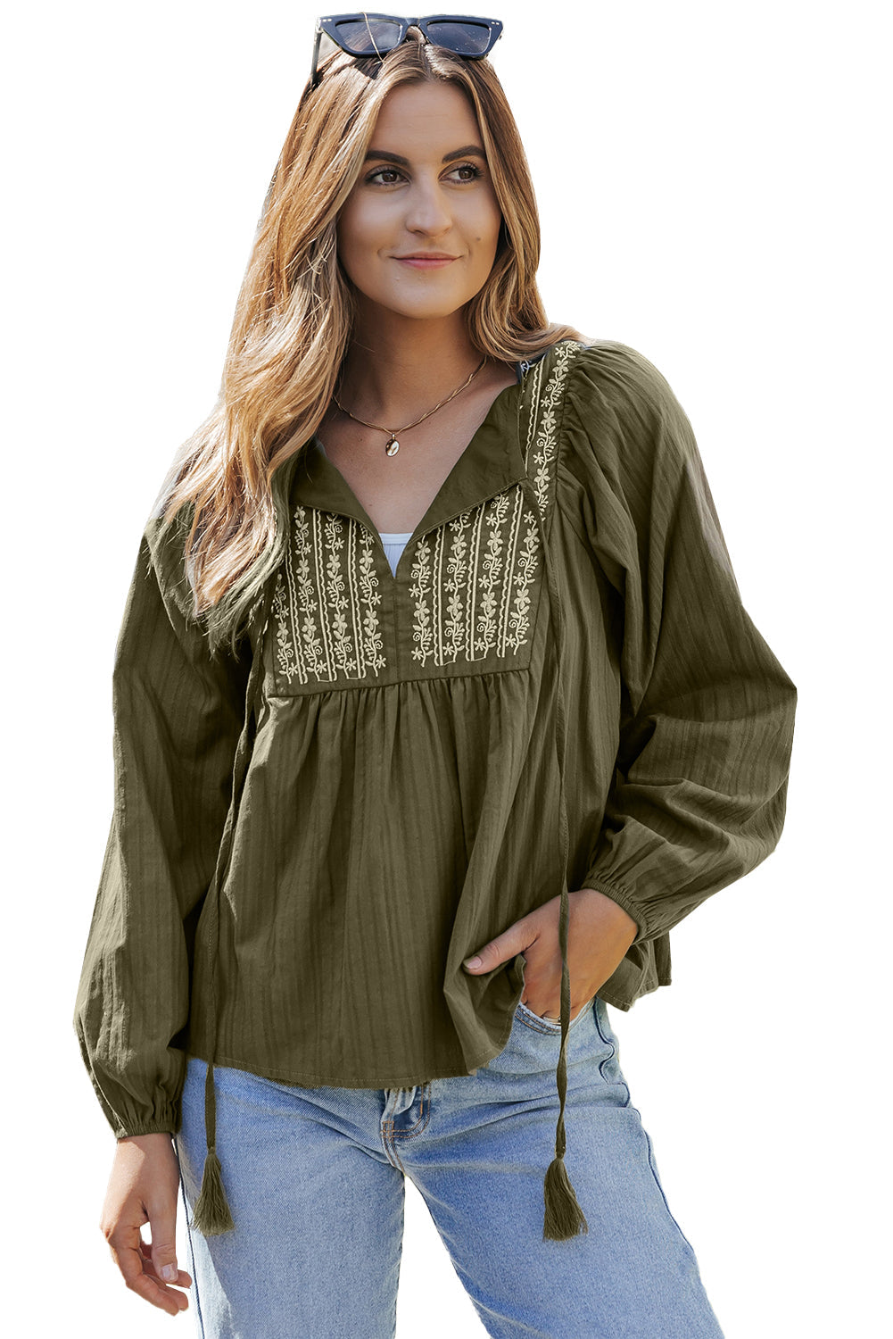 Green Split Neck Pleated Loose Blouse with floral embroidery and long sleeves, perfect for casual and formal occasions.