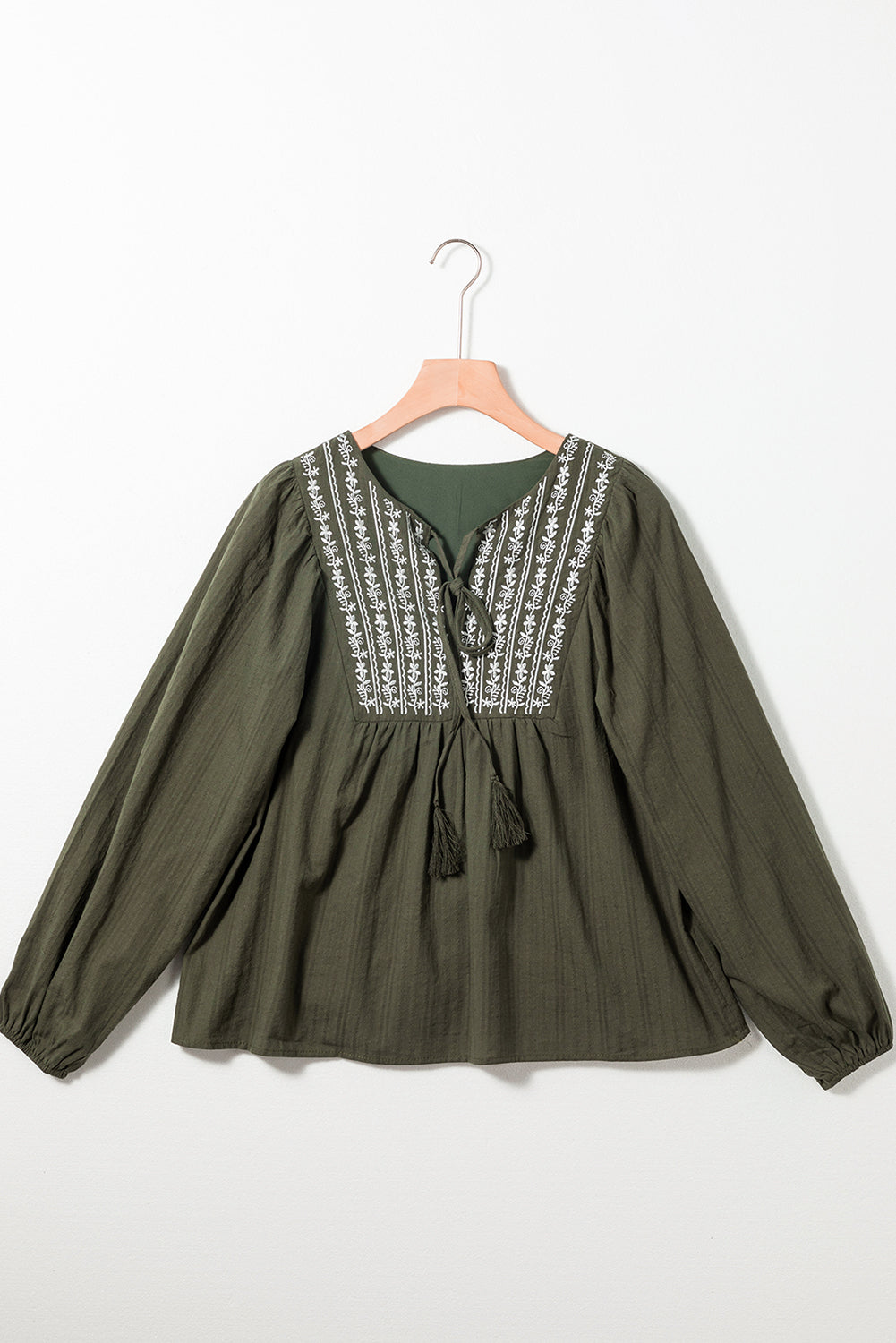 Green Split Neck Pleated Loose Blouse with floral embroidery and long sleeves, perfect for casual and formal occasions.