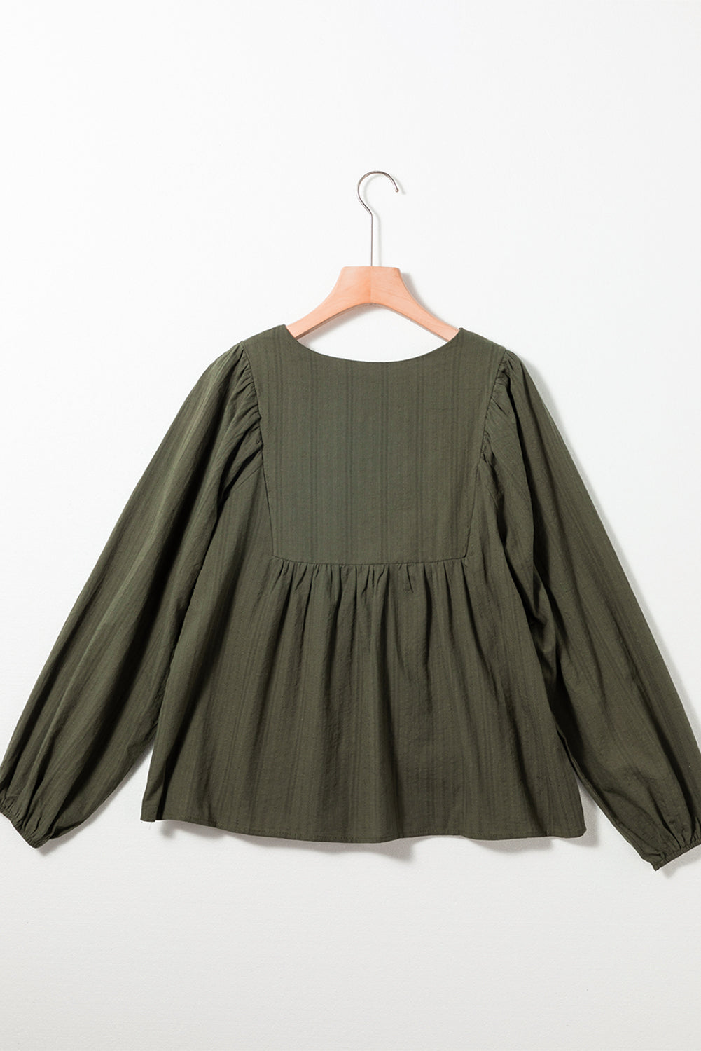 Green Split Neck Pleated Loose Blouse with floral embroidery and long sleeves, perfect for casual and formal occasions.