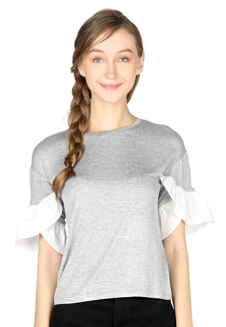 A stylish grey casual top featuring petal sleeves and a round neck, perfect for everyday wear.