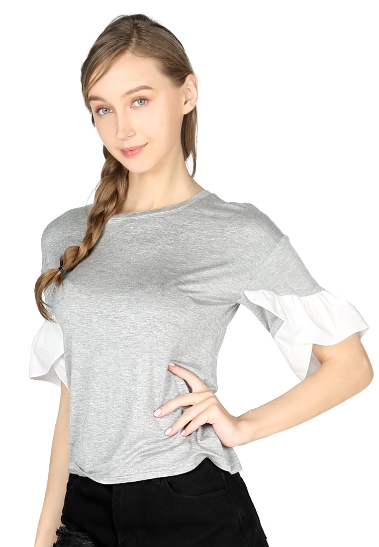 A stylish grey casual top featuring petal sleeves and a round neck, perfect for everyday wear.