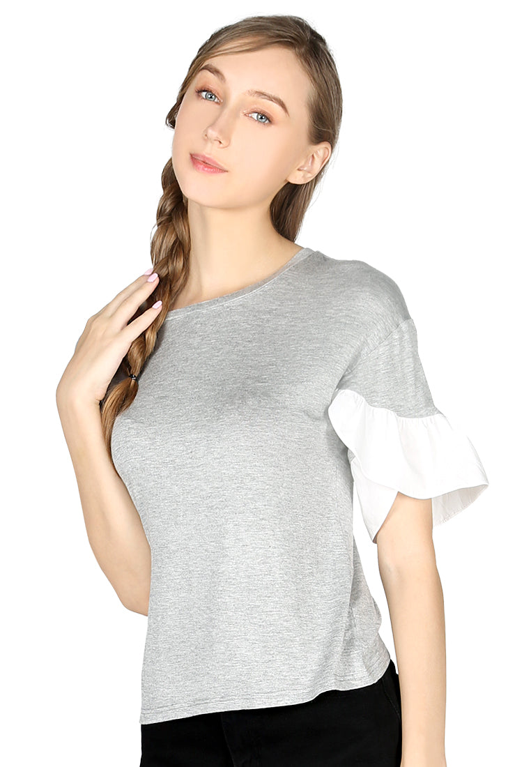 A stylish grey casual top featuring petal sleeves and a round neck, perfect for everyday wear.