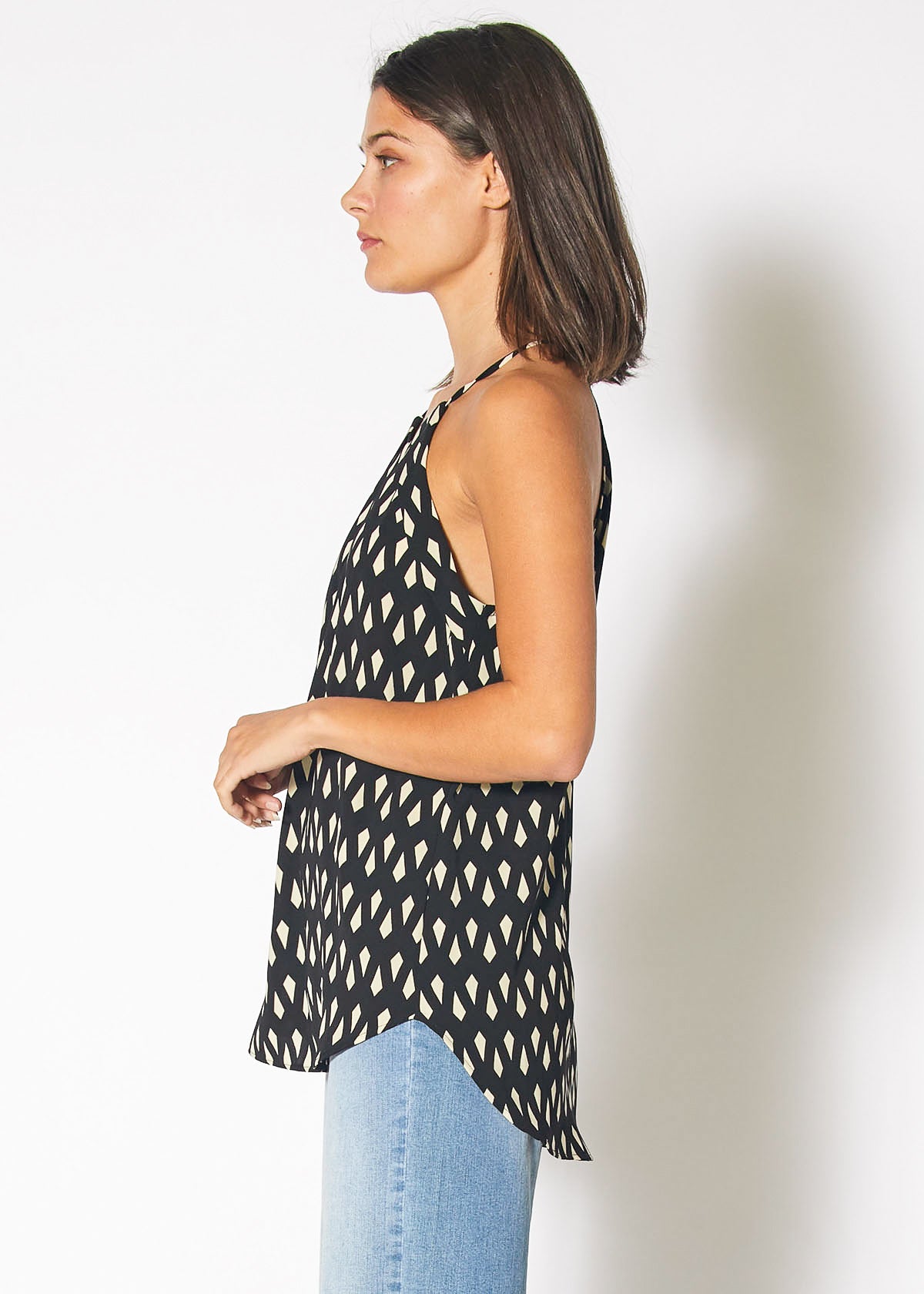 Keyhole Halter Print Sleeveless Top in Black Geo featuring a stylish geometric pattern and halter neckline.