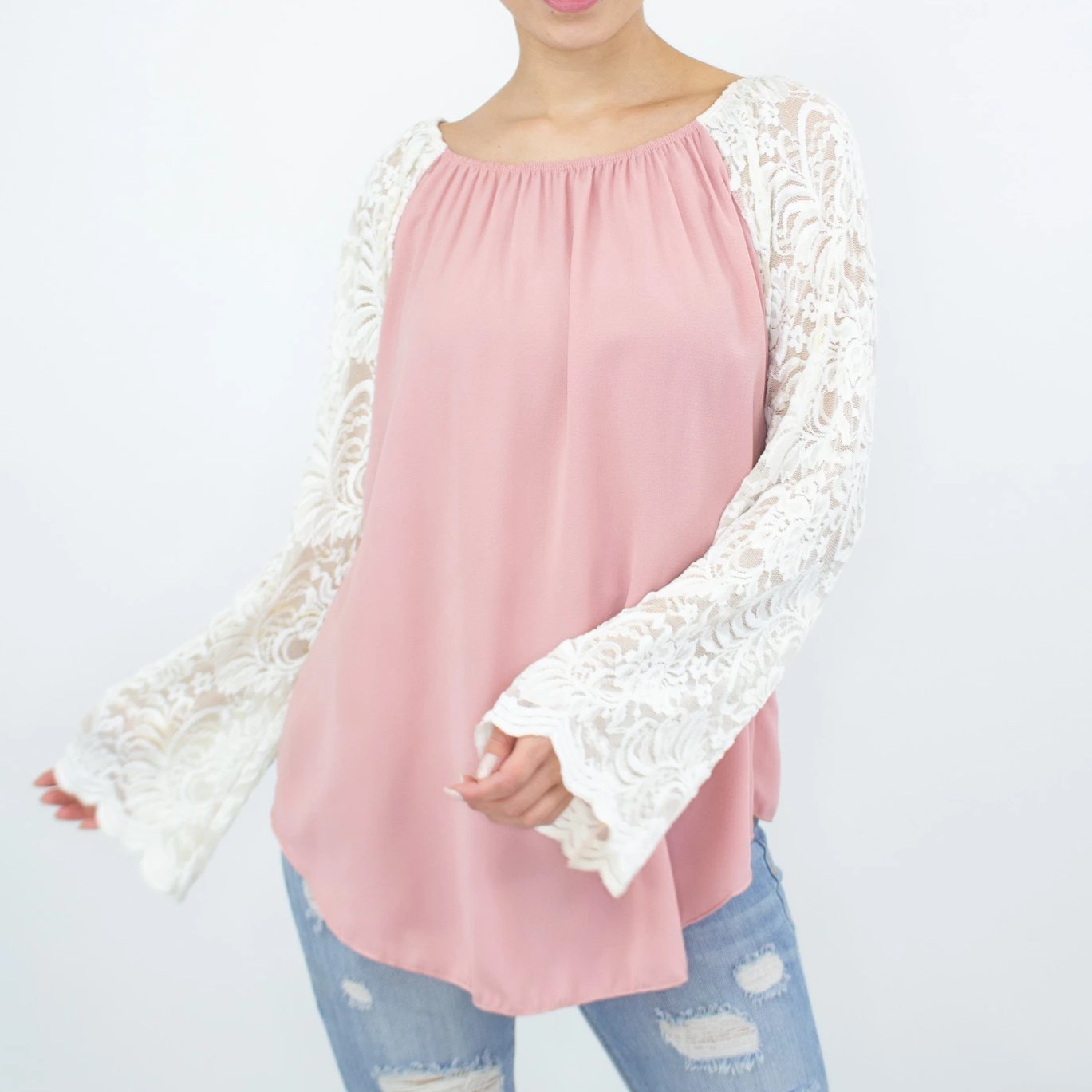 Lace Sleeve Backless Top in Rose featuring elegant lace sleeves and a stylish back slit, perfect for casual and chic occasions.