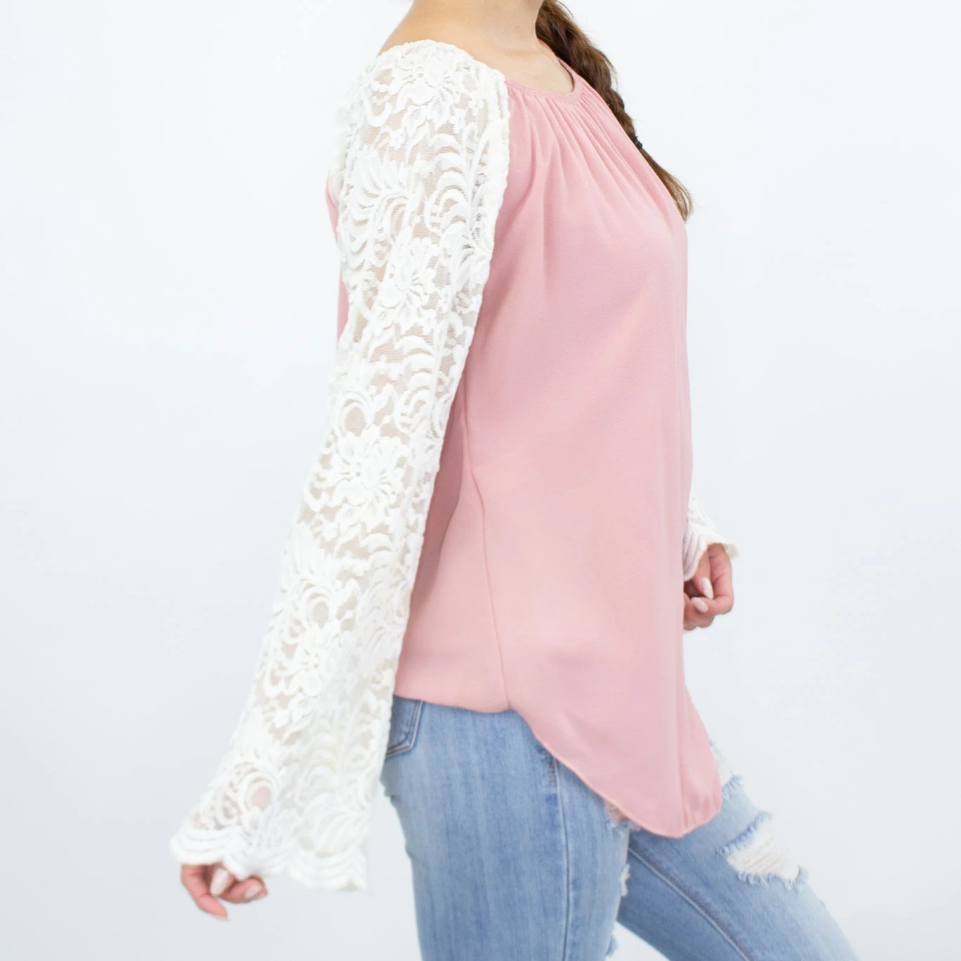 Lace Sleeve Backless Top in Rose featuring elegant lace sleeves and a stylish back slit, perfect for casual and chic occasions.