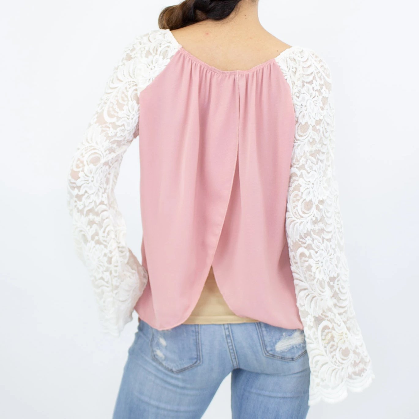 Lace Sleeve Backless Top in Rose featuring elegant lace sleeves and a stylish back slit, perfect for casual and chic occasions.