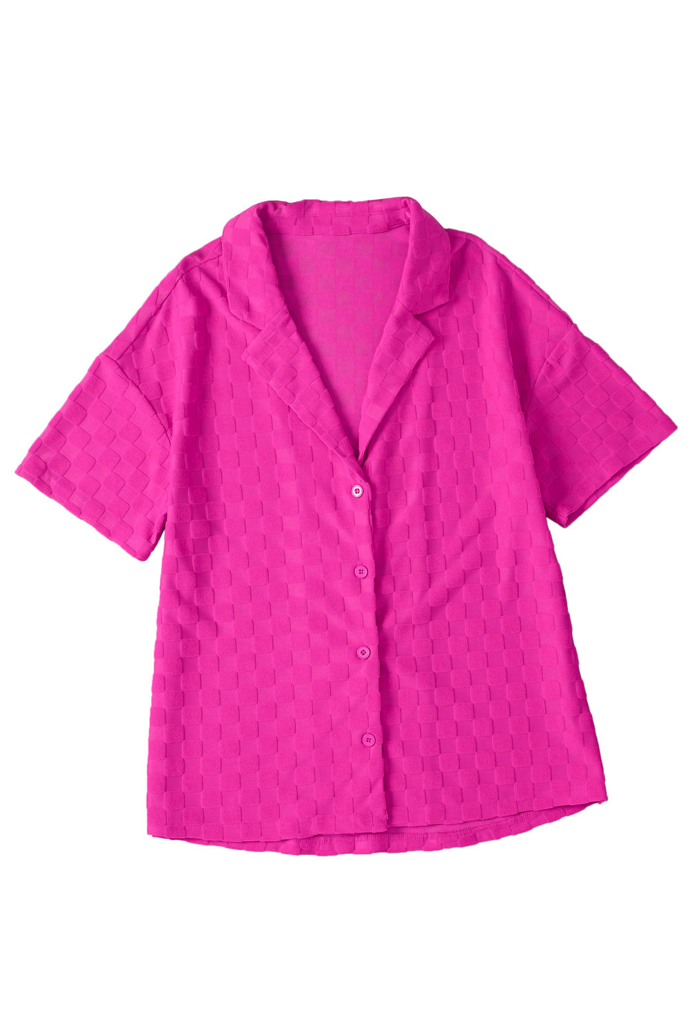 Bright pink lapel textured short sleeve shirt displayed on a hanger, showcasing its elegant design and chic style.