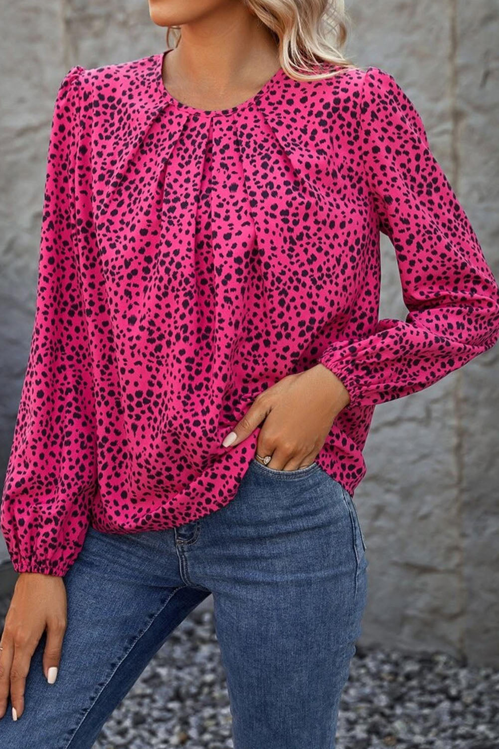 Leopard Print Pleated Blouse with Keyhole detail, featuring puff sleeves and a stylish design.