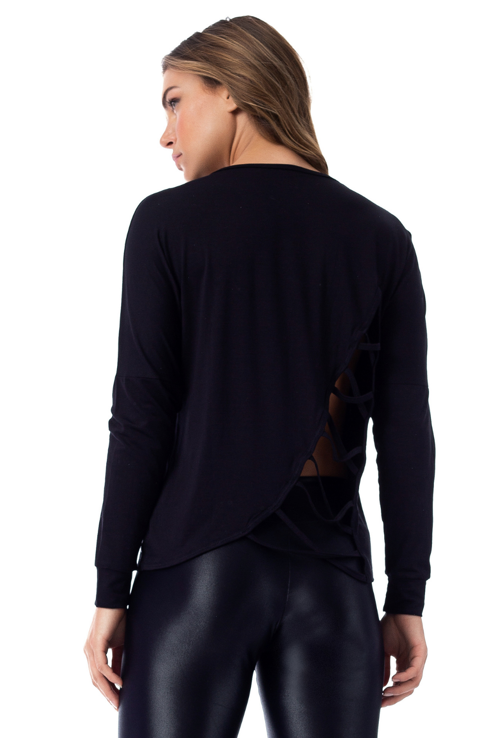 Lilly Black Long Sleeve Shirt featuring a stylish back cut out design, made from lightweight breathable fabric.