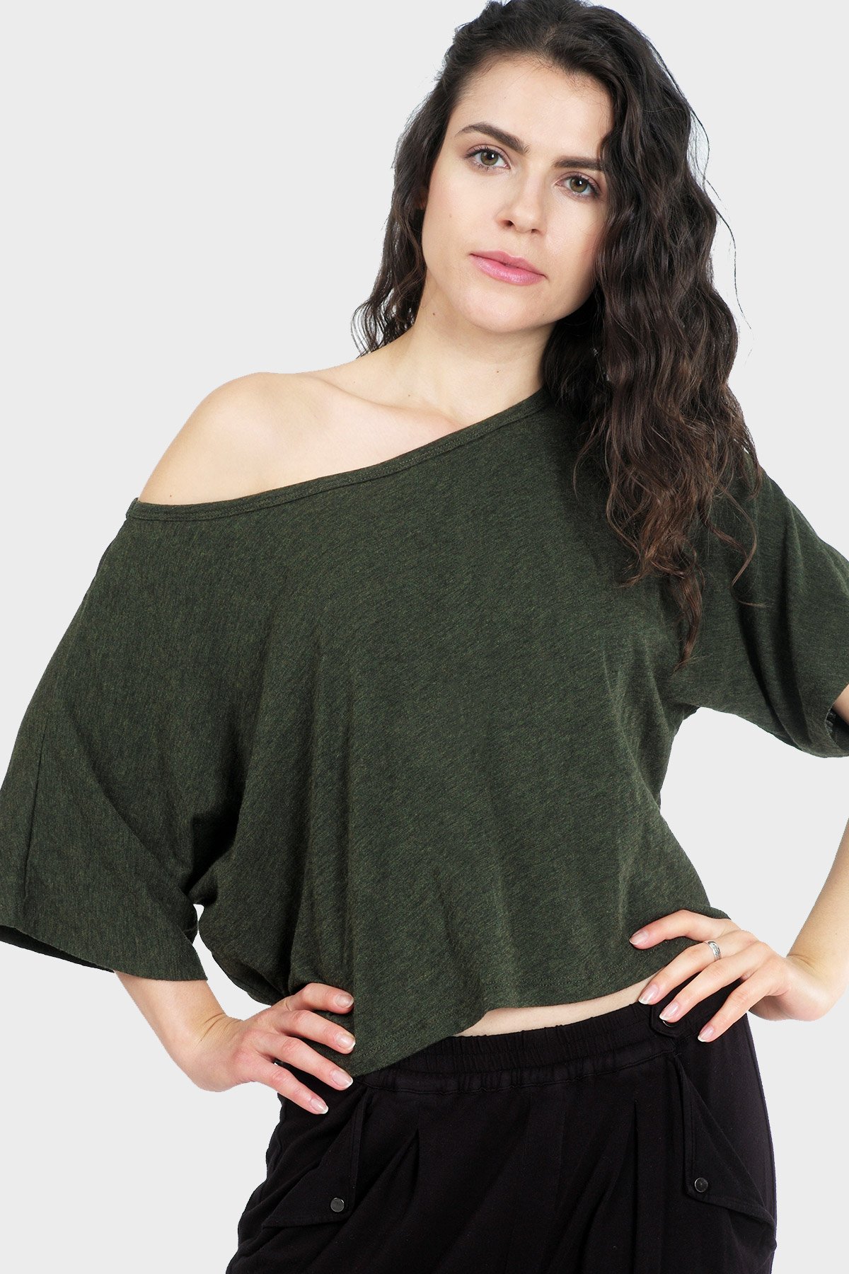 LUMI Organic Crop Top featuring a textured slouchy silhouette and bateau neck, made from organic cotton and bamboo rayon.