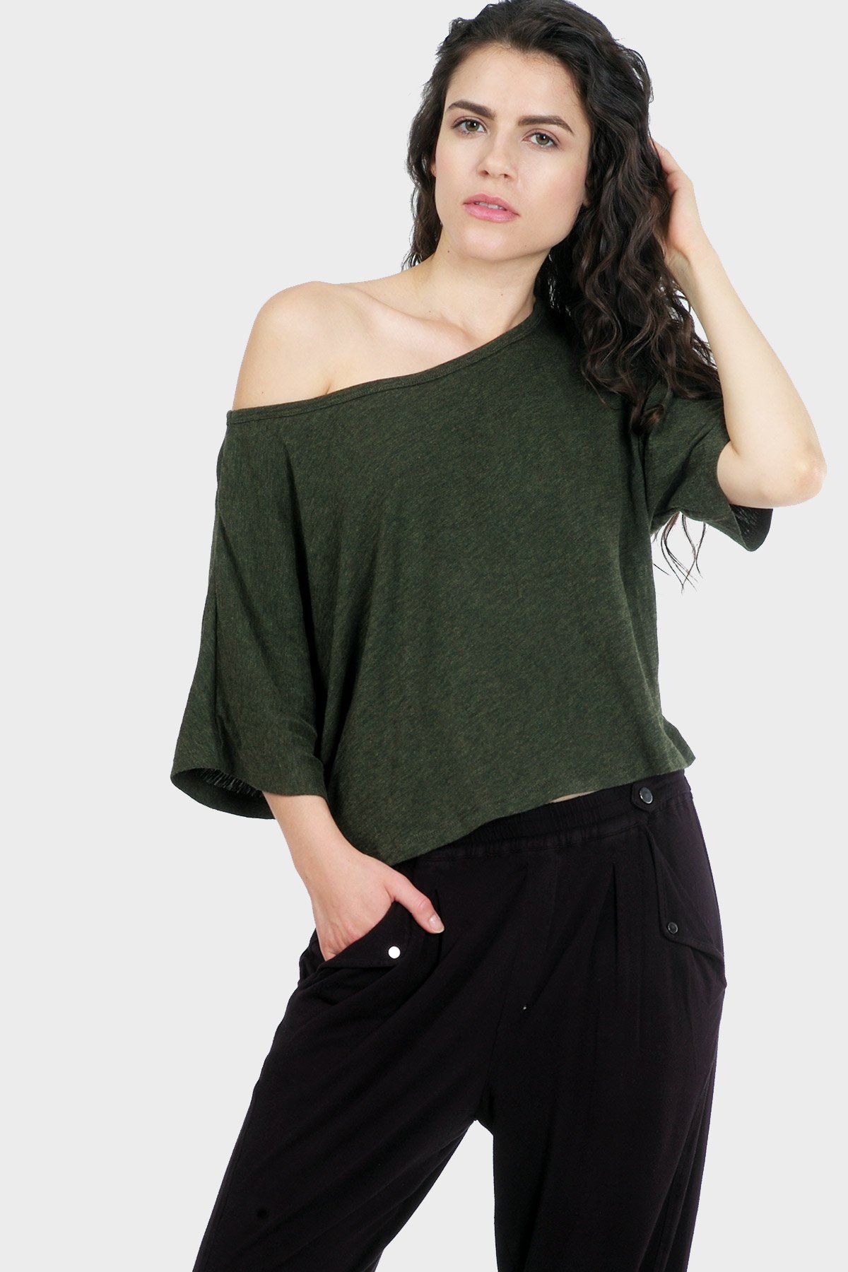 LUMI Organic Crop Top featuring a textured slouchy silhouette and bateau neck, made from organic cotton and bamboo rayon.