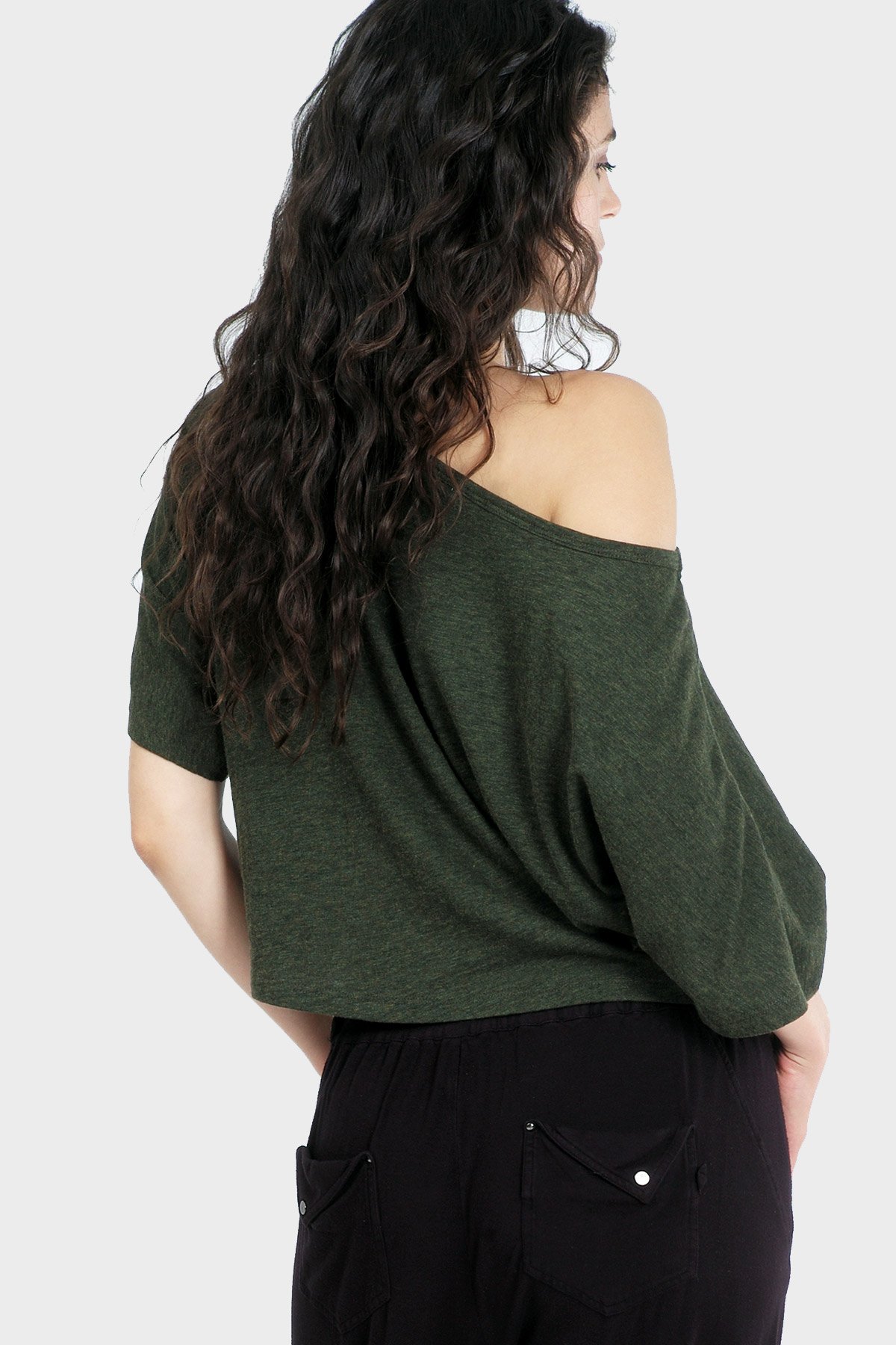 LUMI Organic Crop Top featuring a textured slouchy silhouette and bateau neck, made from organic cotton and bamboo rayon.