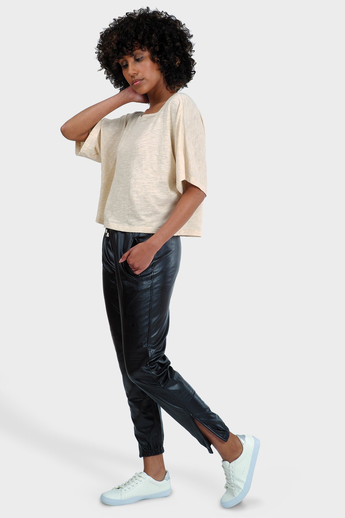 LUMI Organic Crop Top featuring a textured fabric, slouchy silhouette, and bateau neck, perfect for casual summer wear.