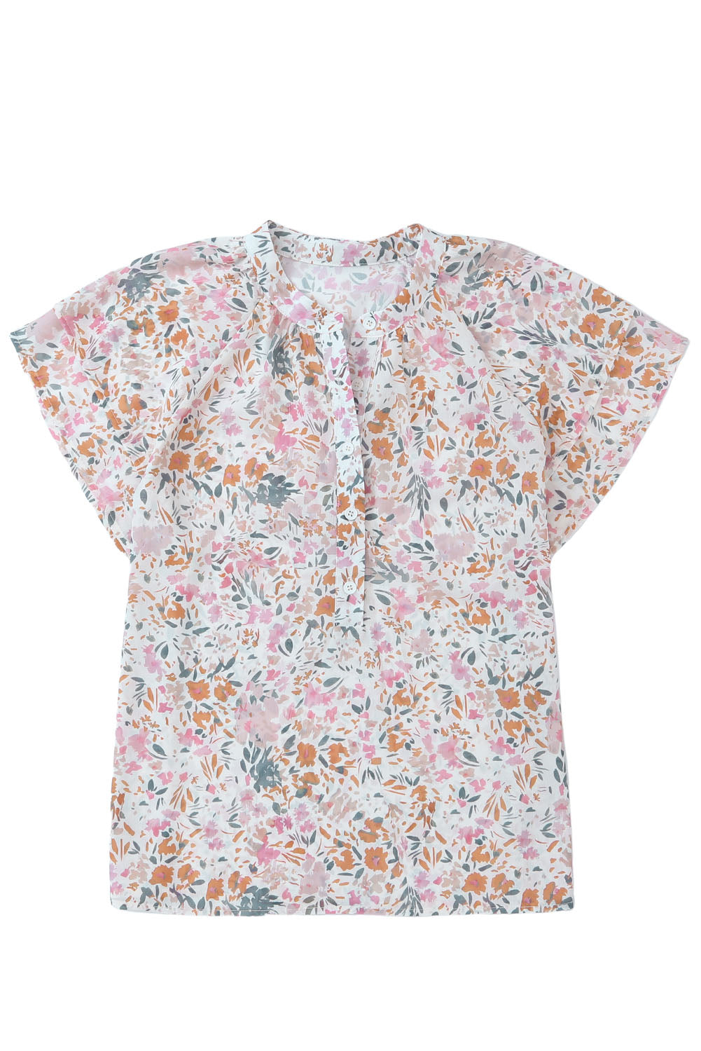 A vibrant multicolor floral mandarin collar top featuring short ruffle sleeves and a half button-front detail, perfect for spring fashion.