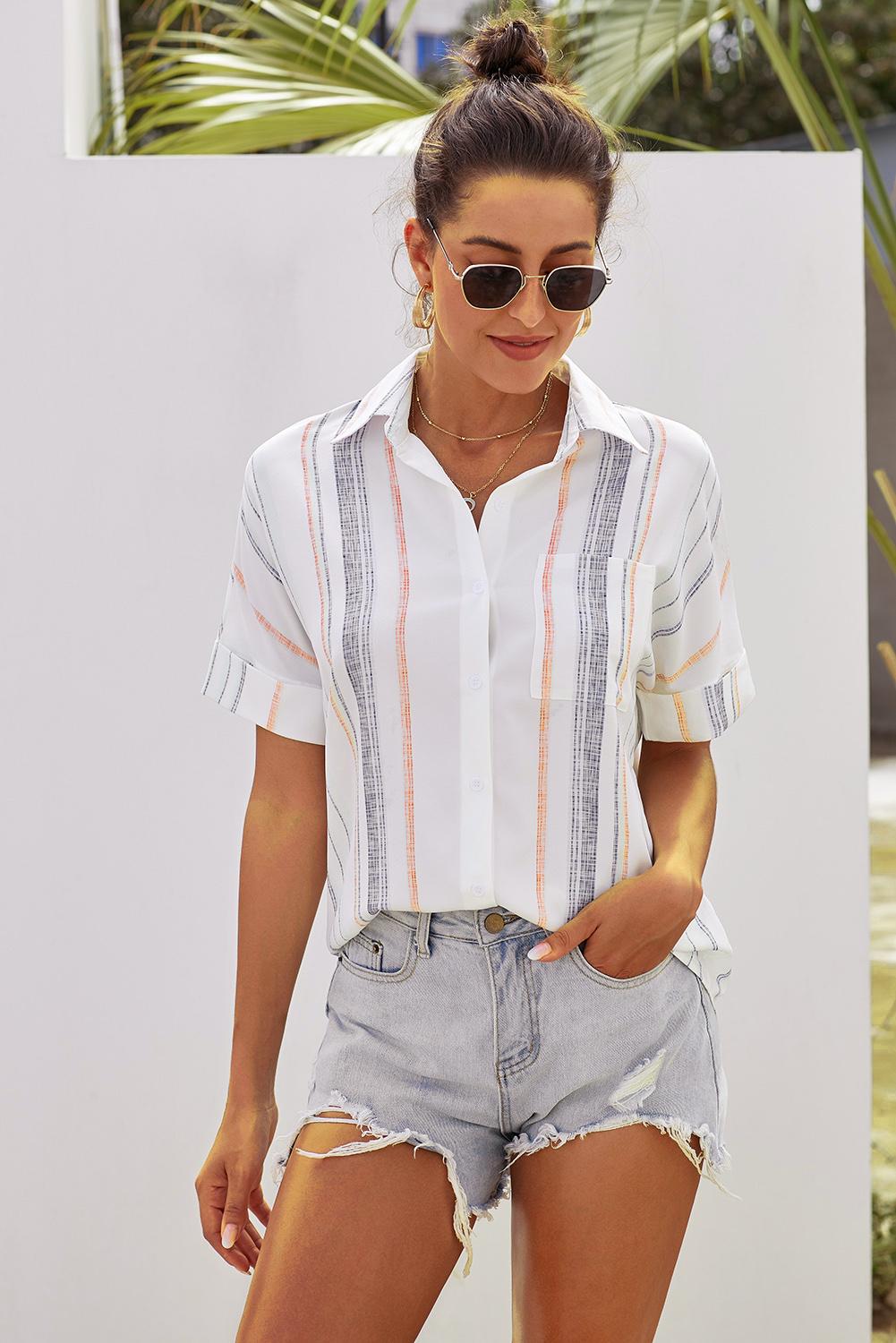 Orange Stripes Roll Up Button Up Shirt featuring a v-neck and short cuffed sleeves, perfect for summer casual wear.