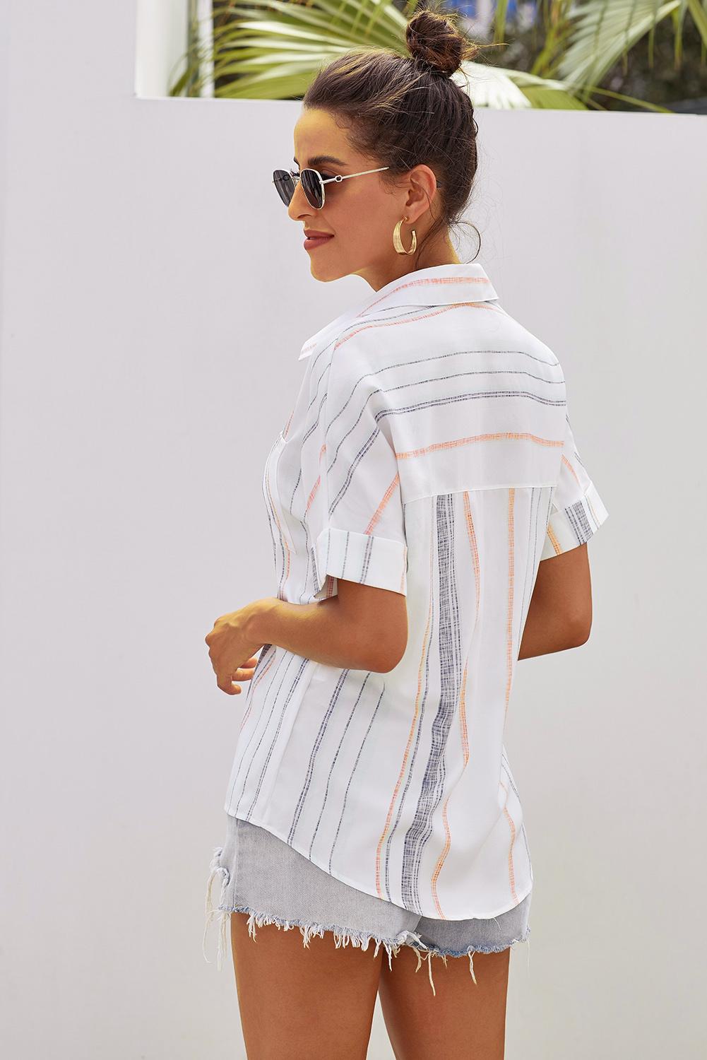 Orange Stripes Roll Up Button Up Shirt featuring a v-neck and short cuffed sleeves, perfect for summer casual wear.