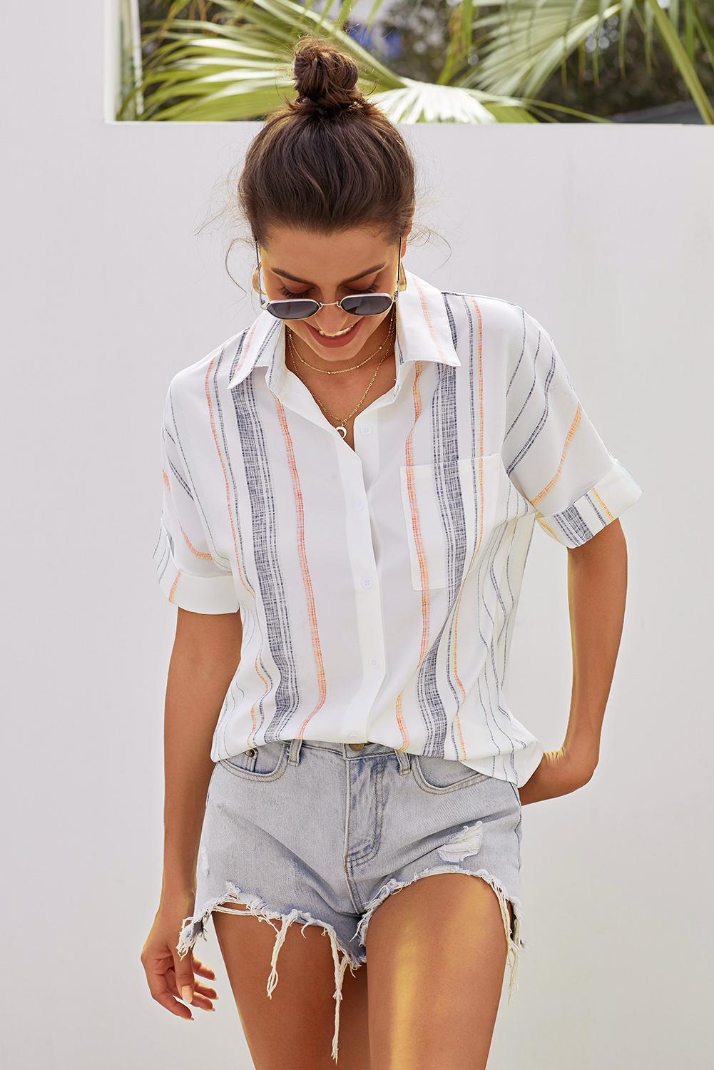 Orange Stripes Roll Up Button Up Shirt featuring a v-neck and short cuffed sleeves, perfect for summer casual wear.