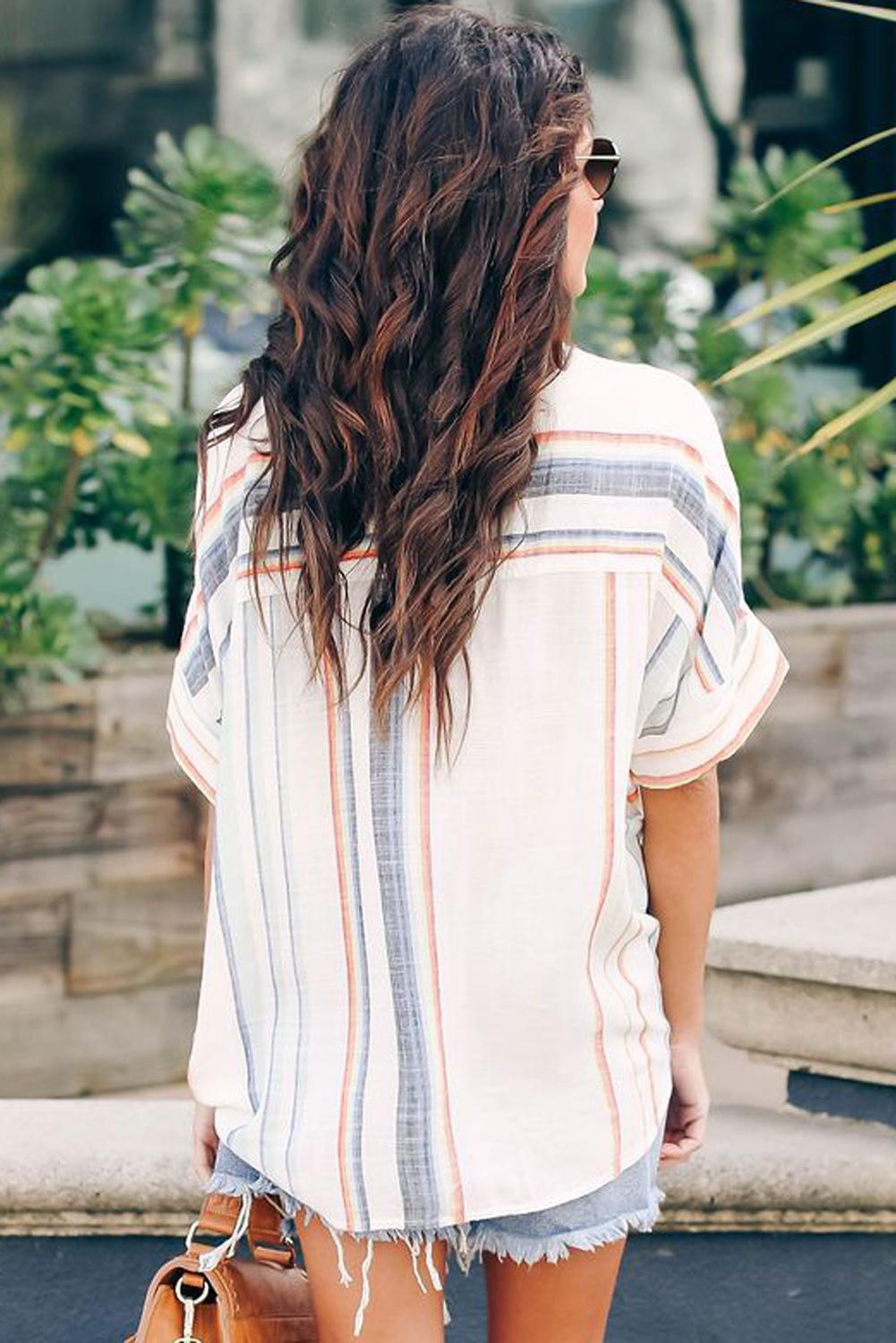 Orange Stripes Roll Up Button Up Shirt featuring a v-neck and short cuffed sleeves, perfect for summer casual wear.