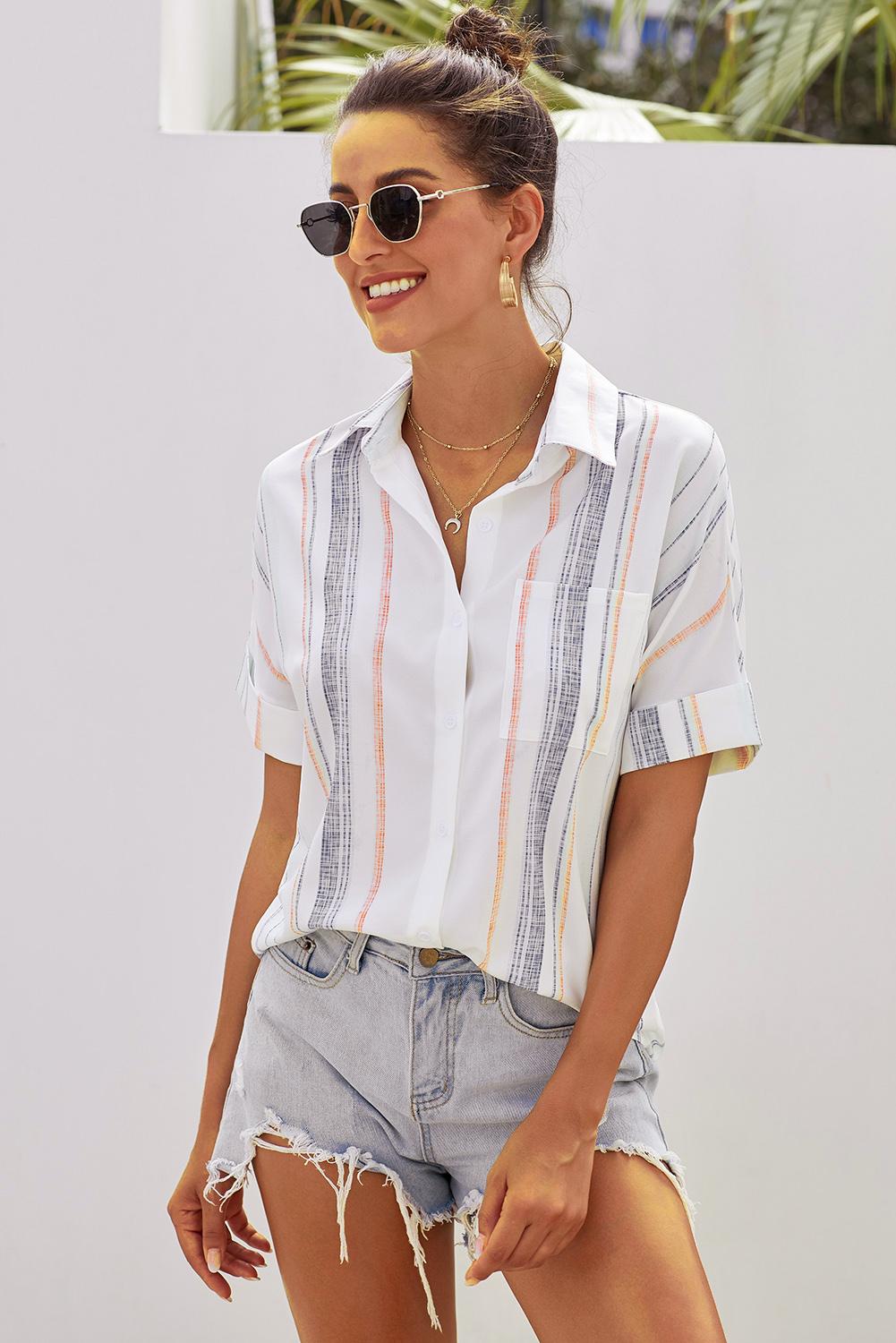 Orange Stripes Roll Up Button Up Shirt featuring a v-neck and short cuffed sleeves, perfect for summer casual wear.