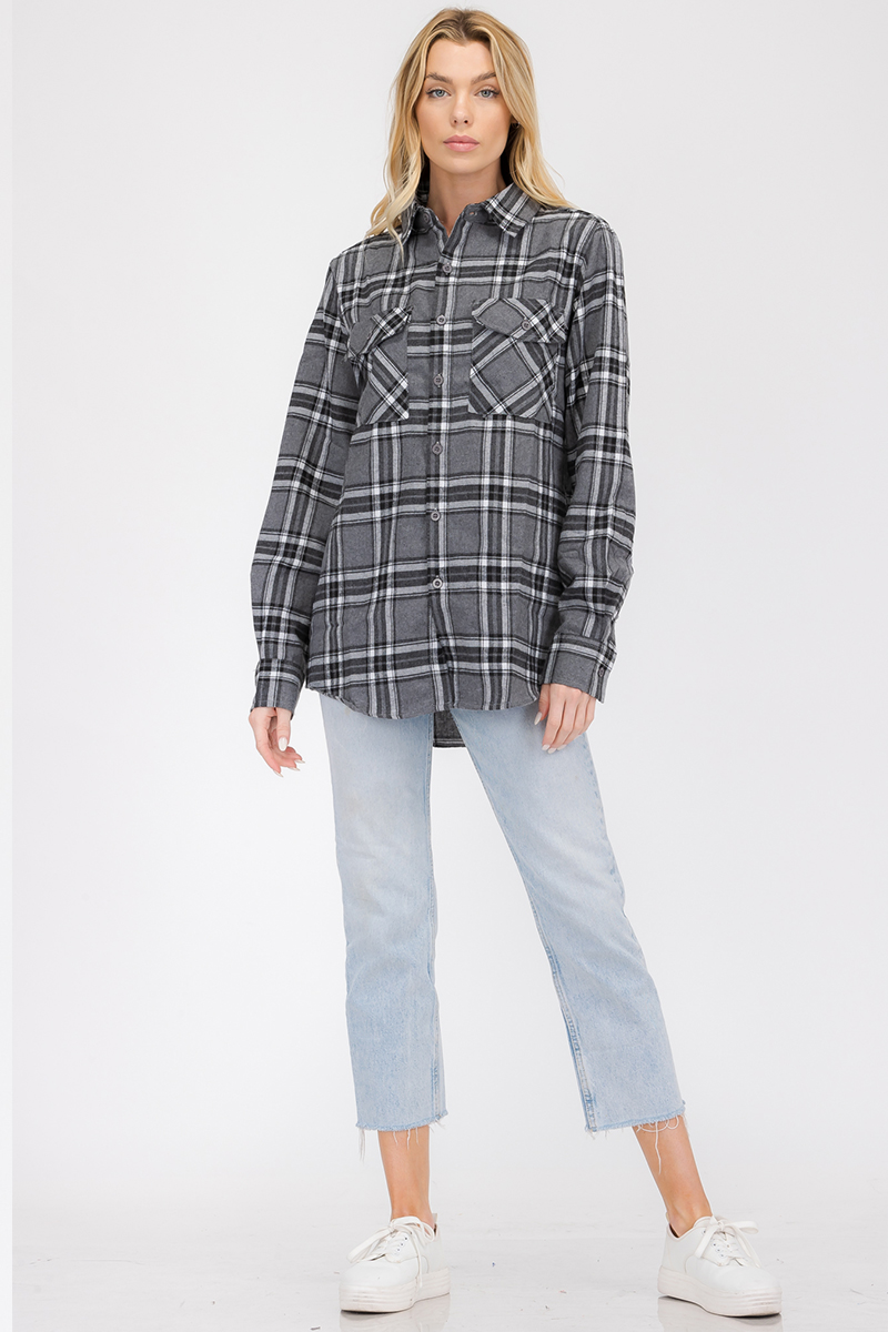 Oversize Boyfriend Plaid Checkered Flannel featuring a classic plaid pattern, flat collar, and dual chest pockets.