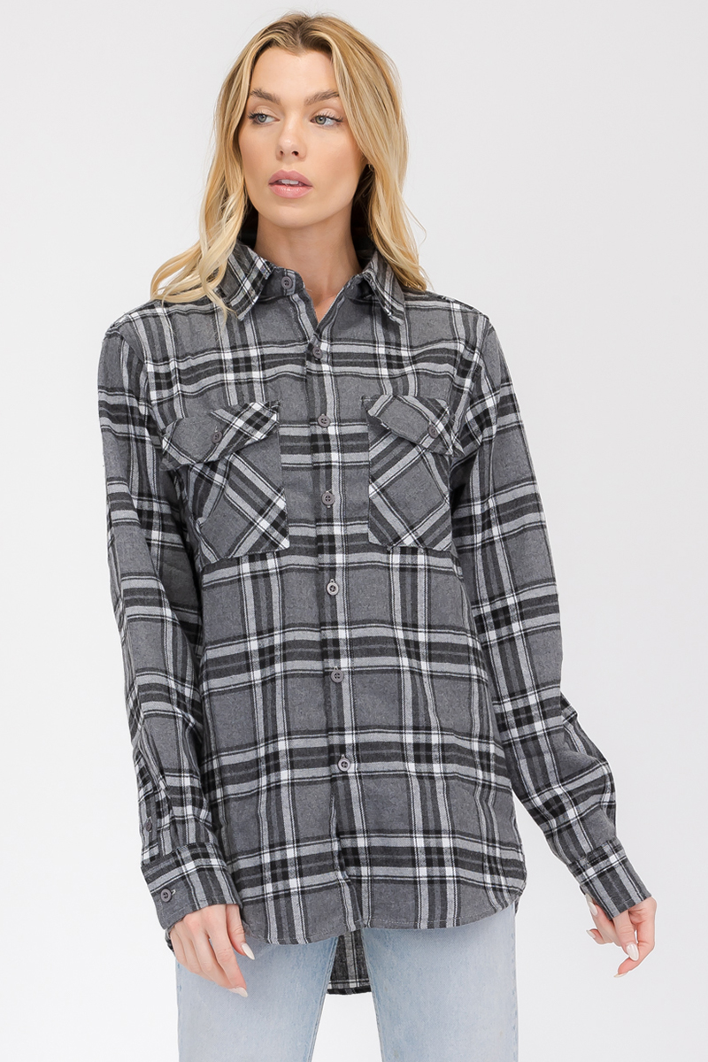 Oversize Boyfriend Plaid Checkered Flannel featuring a classic plaid pattern, flat collar, and dual chest pockets.