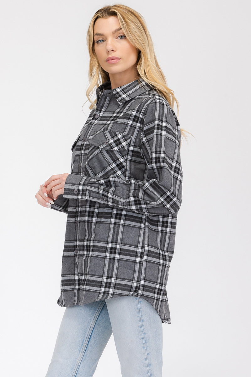 Oversize Boyfriend Plaid Checkered Flannel featuring a classic plaid pattern, flat collar, and dual chest pockets.