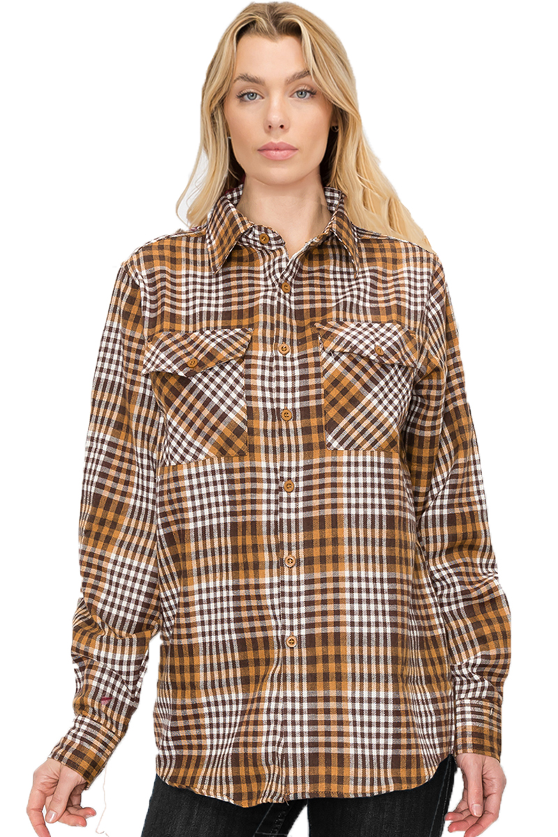 Oversize Boyfriend Plaid Checkered Flannel featuring a classic plaid pattern, flat collar, and dual chest pockets, perfect for casual wear.