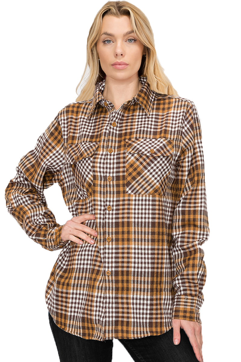 Oversize Boyfriend Plaid Checkered Flannel featuring a classic plaid pattern, flat collar, and dual chest pockets, perfect for casual wear.