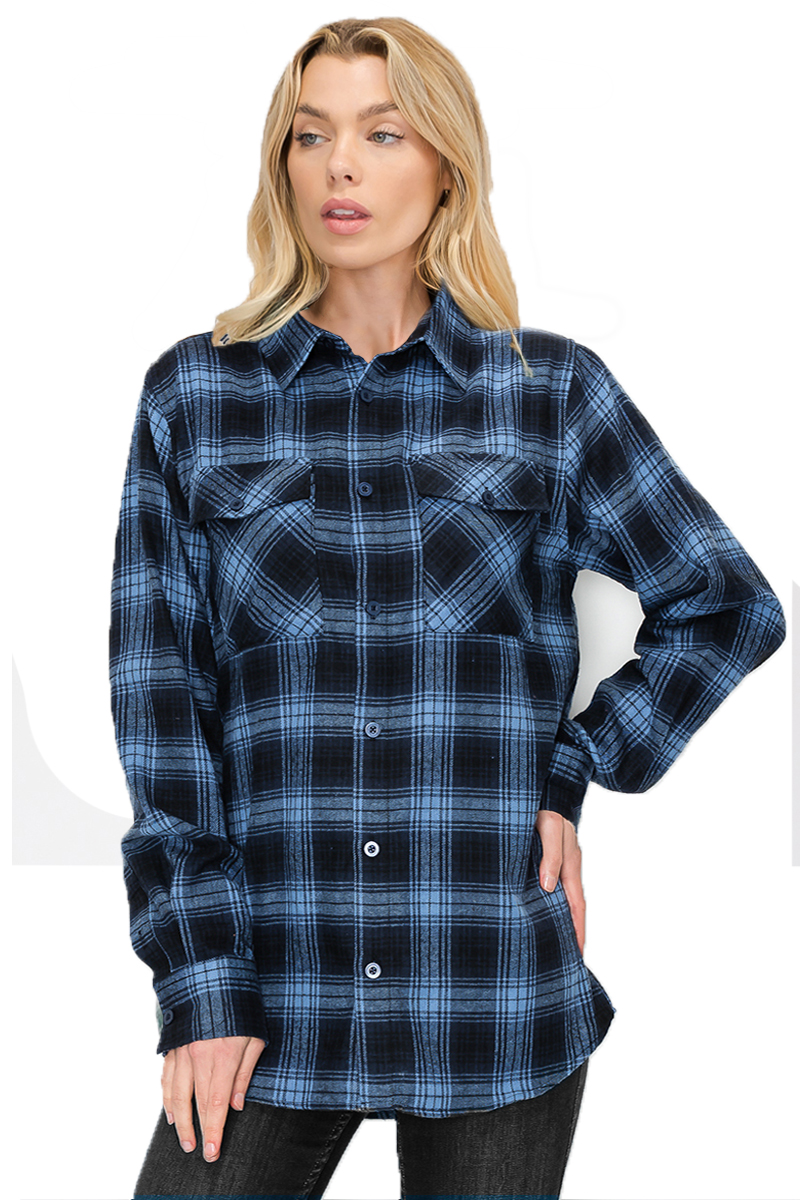 Oversize Boyfriend Plaid Checkered Flannel featuring a classic plaid pattern, flat collar, and dual chest pockets.