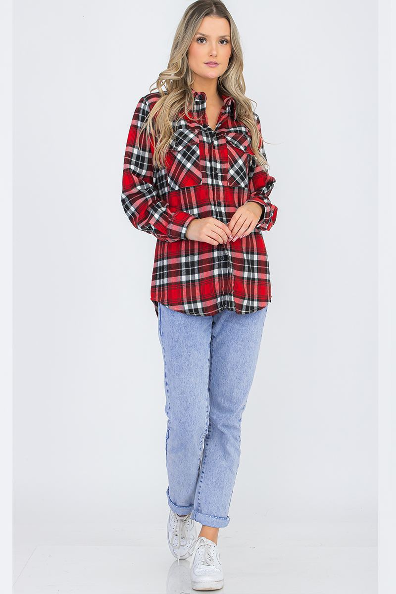 Oversize Boyfriend Plaid Checkered Flannel shirt featuring a classic plaid pattern, flat collar, and dual chest pockets.