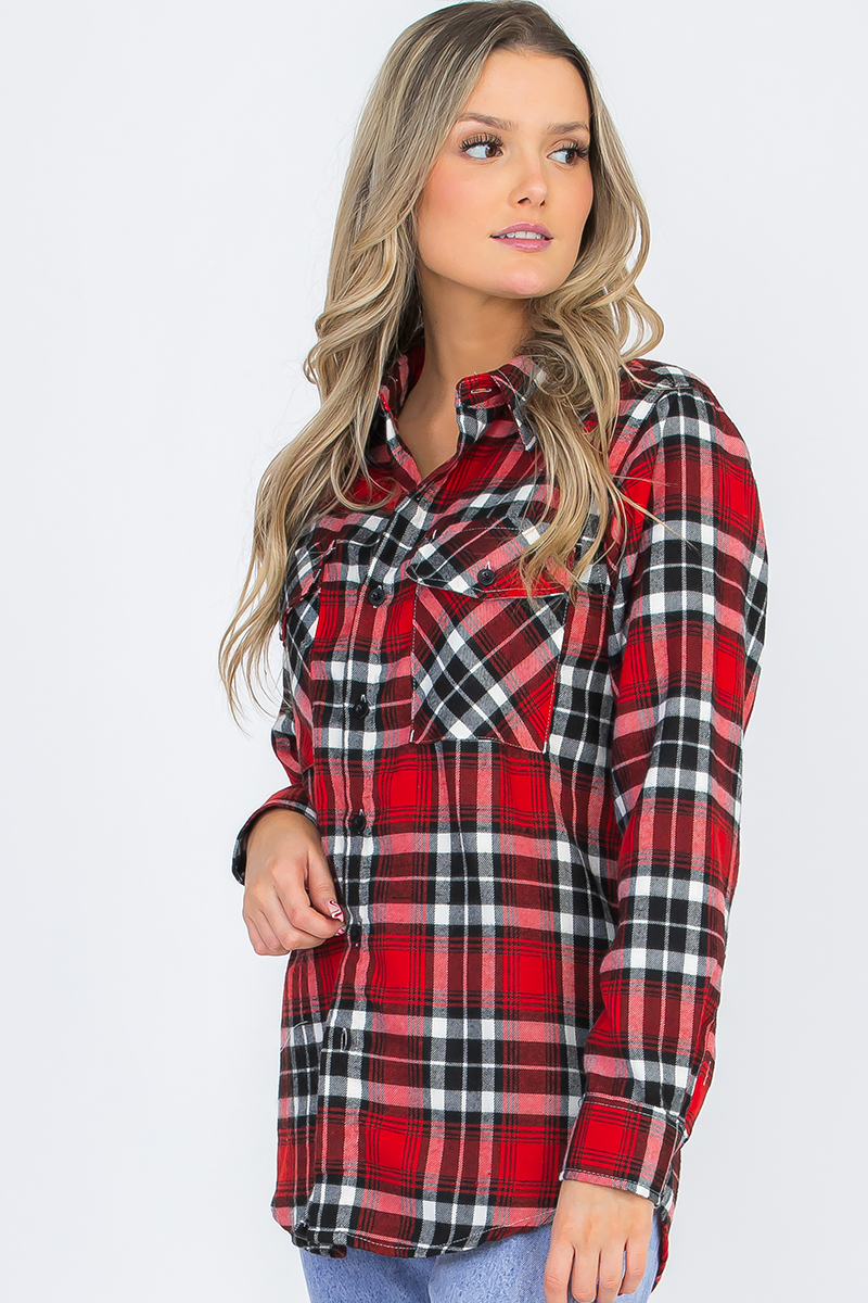 Oversize Boyfriend Plaid Checkered Flannel shirt featuring a classic plaid pattern, flat collar, and dual chest pockets.