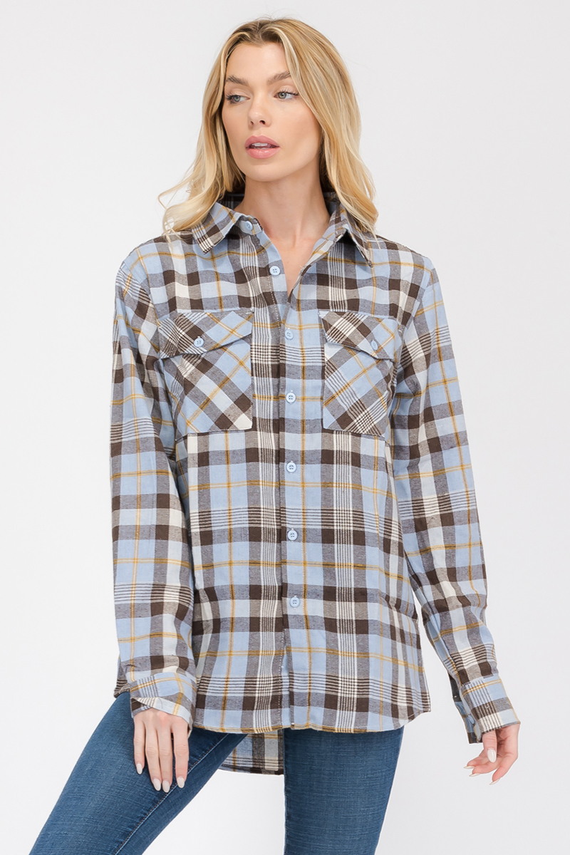 Oversize Boyfriend Plaid Checkered Flannel featuring a relaxed fit, dual chest pockets, and a stylish plaid pattern.