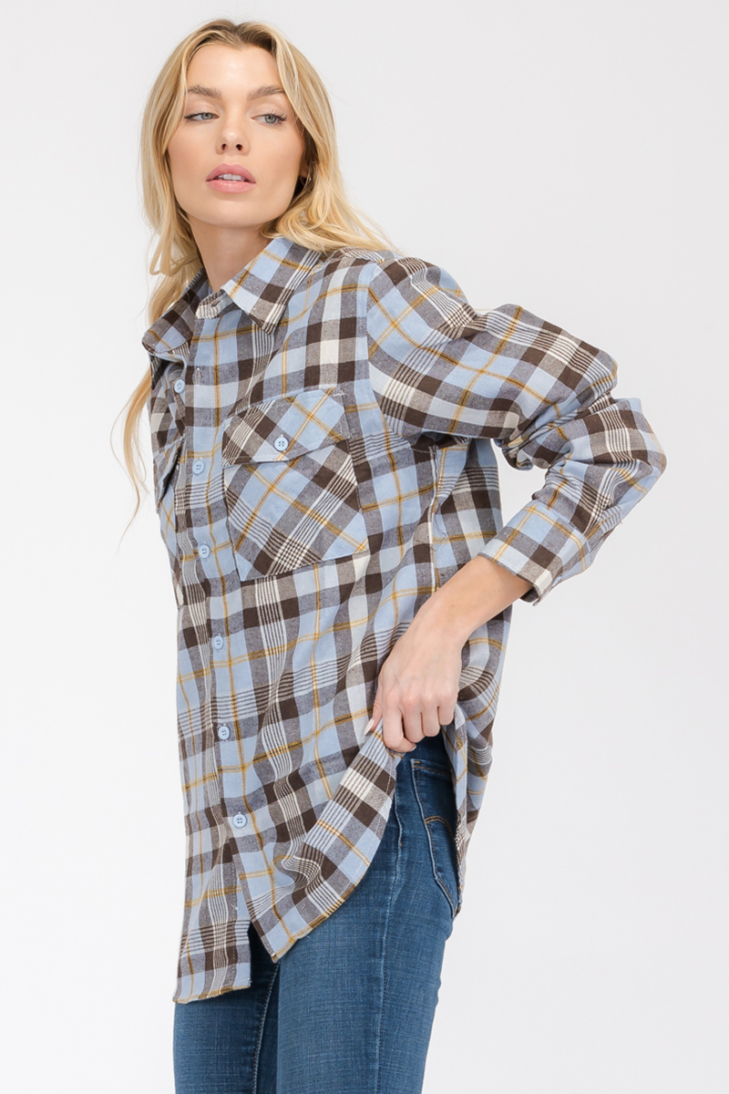 Oversize Boyfriend Plaid Checkered Flannel featuring a relaxed fit, dual chest pockets, and a stylish plaid pattern.