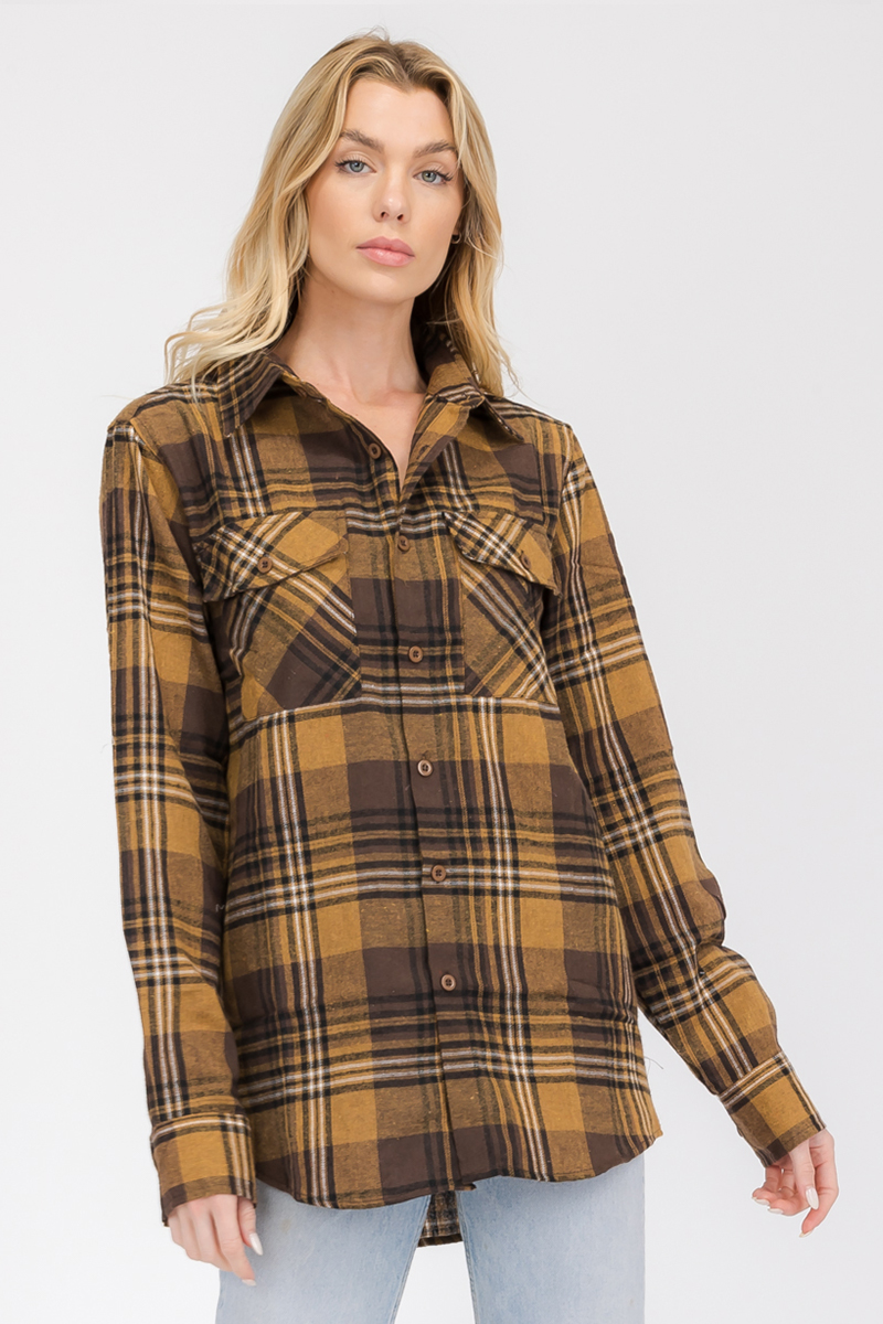 Oversize Boyfriend Plaid Checkered Flannel featuring a classic plaid pattern, flat collar, and dual chest pockets.