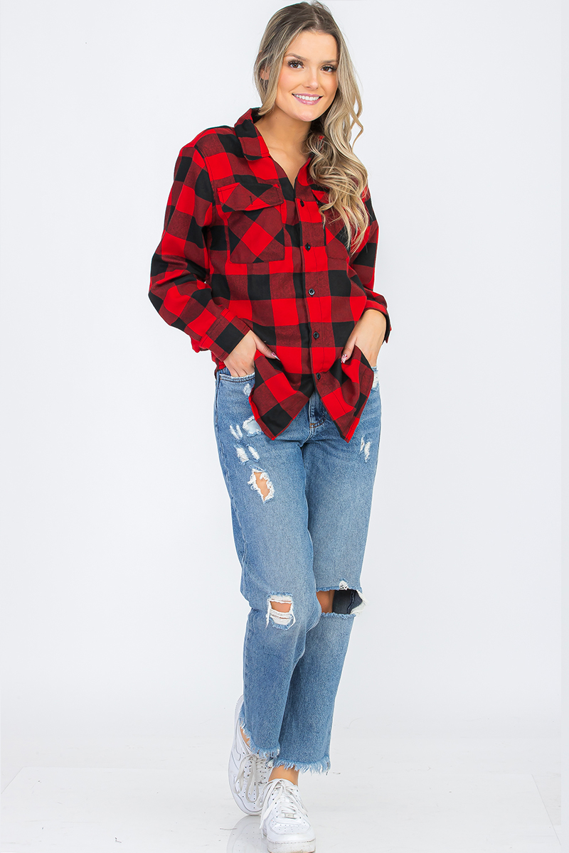 Oversize Boyfriend Plaid Checkered Flannel featuring a classic plaid pattern, flat collar, and dual chest pockets.