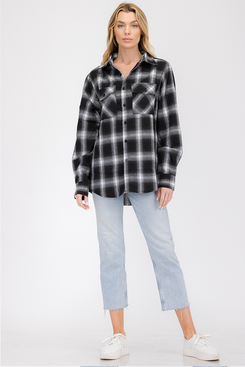 Oversize Boyfriend Plaid Checkered Flannel shirt featuring a classic plaid pattern, flat collar, and dual chest pockets.