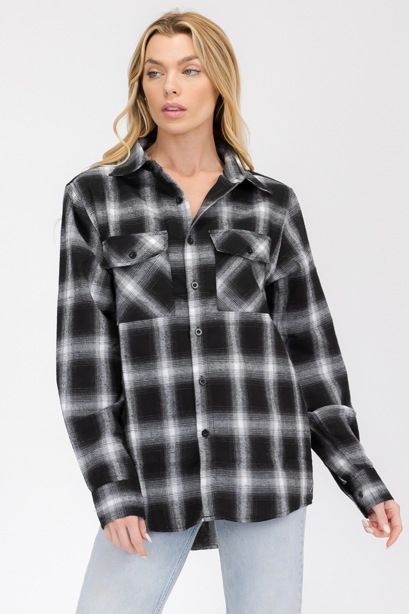 Oversize Boyfriend Plaid Checkered Flannel shirt featuring a classic plaid pattern, flat collar, and dual chest pockets.